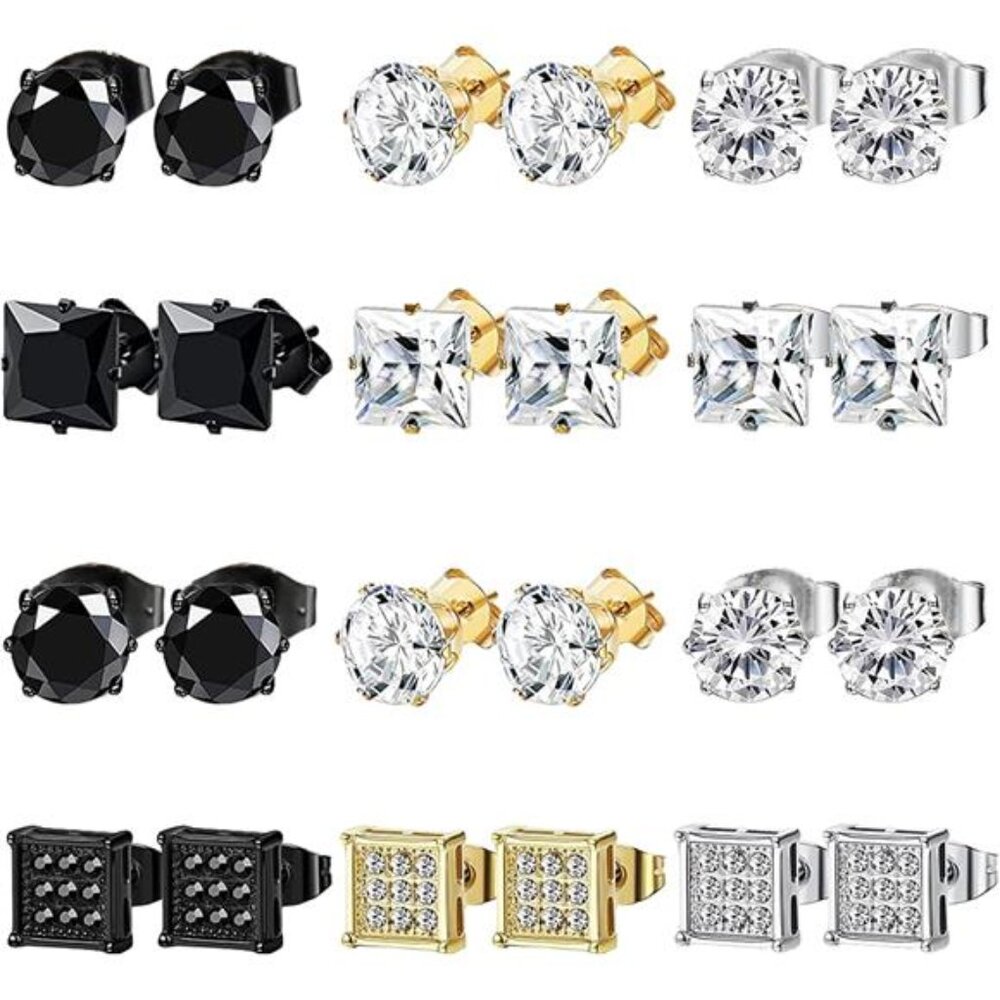 12 Pairs Stainless Steel Stud Earrings for Men Hypoallergenic Earrings